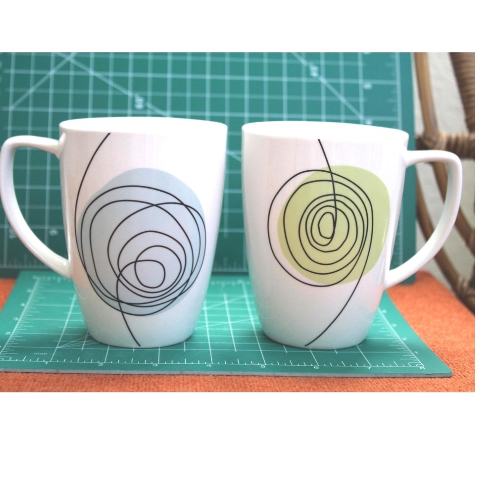 Corelle Coordinates Porcelain Mugs Set of 2 Abstract‎ Scribble Swirl Green Blue